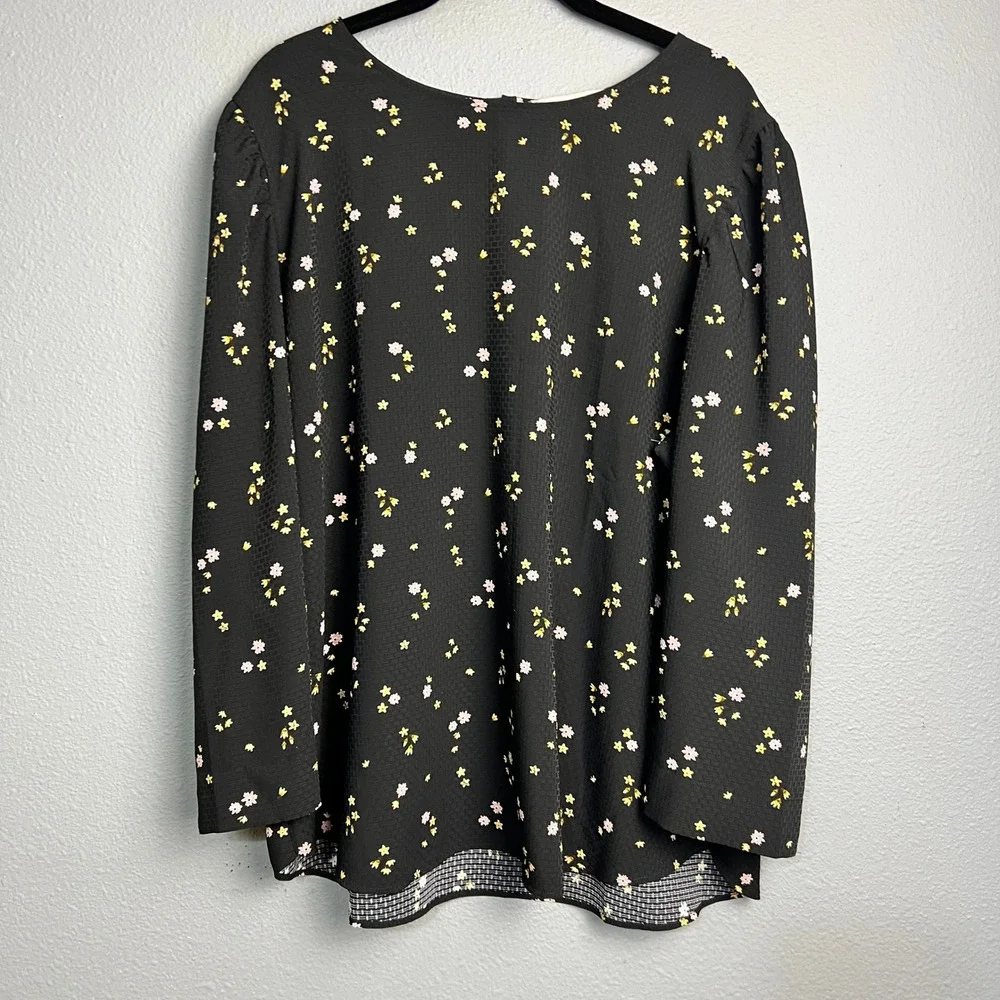 LOFT Black Floral Print Long‎ Sleeve Scoop Neck Top Waffleknit Plus Size XXL